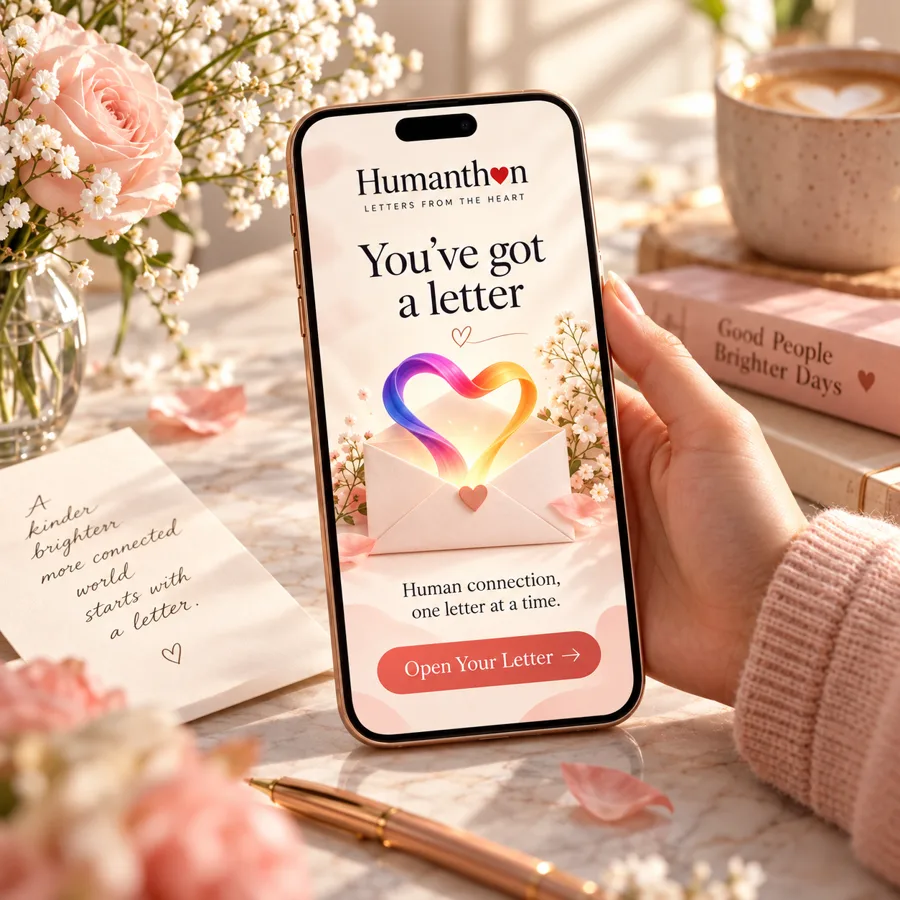 A phone showing a Humanthon letter with a glowing heart rising from an envelope